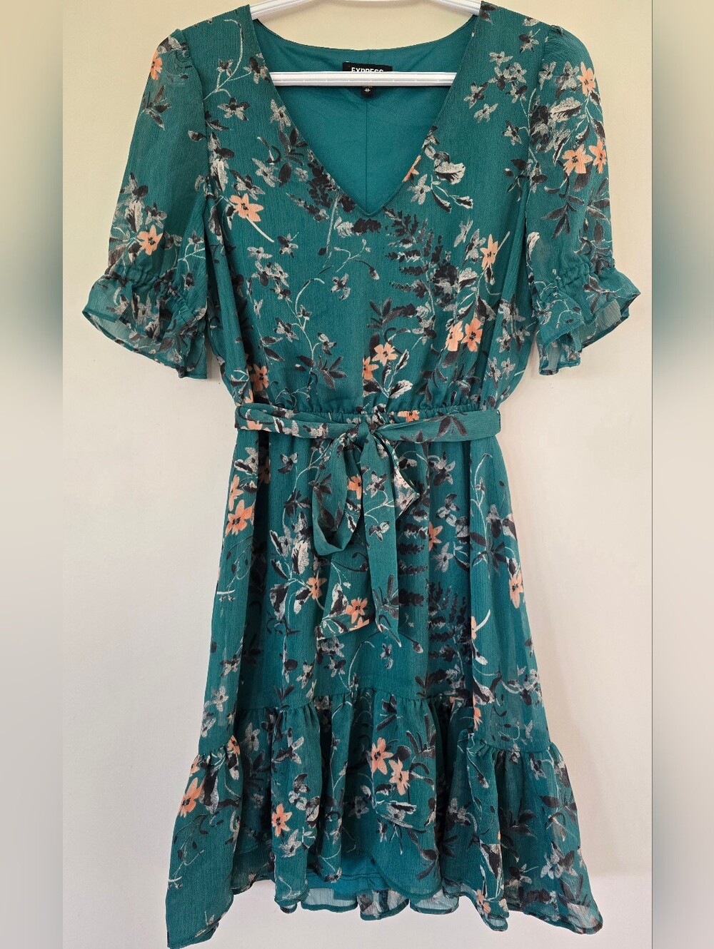 Express Teal Floral V-Neck Midi Dress with Tie Waist. Women's Size XS.